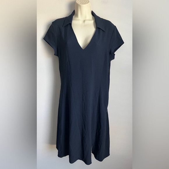 New Theory Rosina Crepe Easy Day Shift Navy Blue Short Slv. Collared Dress Sz. 8 - Picture 3 of 7